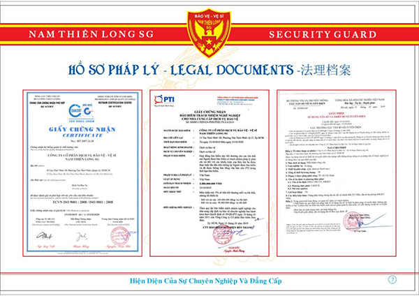 Giấy chứng nhận - Bảo Vệ Nam Thiên Long SG - Công Ty CP DV Bảo Vệ Vệ Sĩ Nam Thiên Long SG